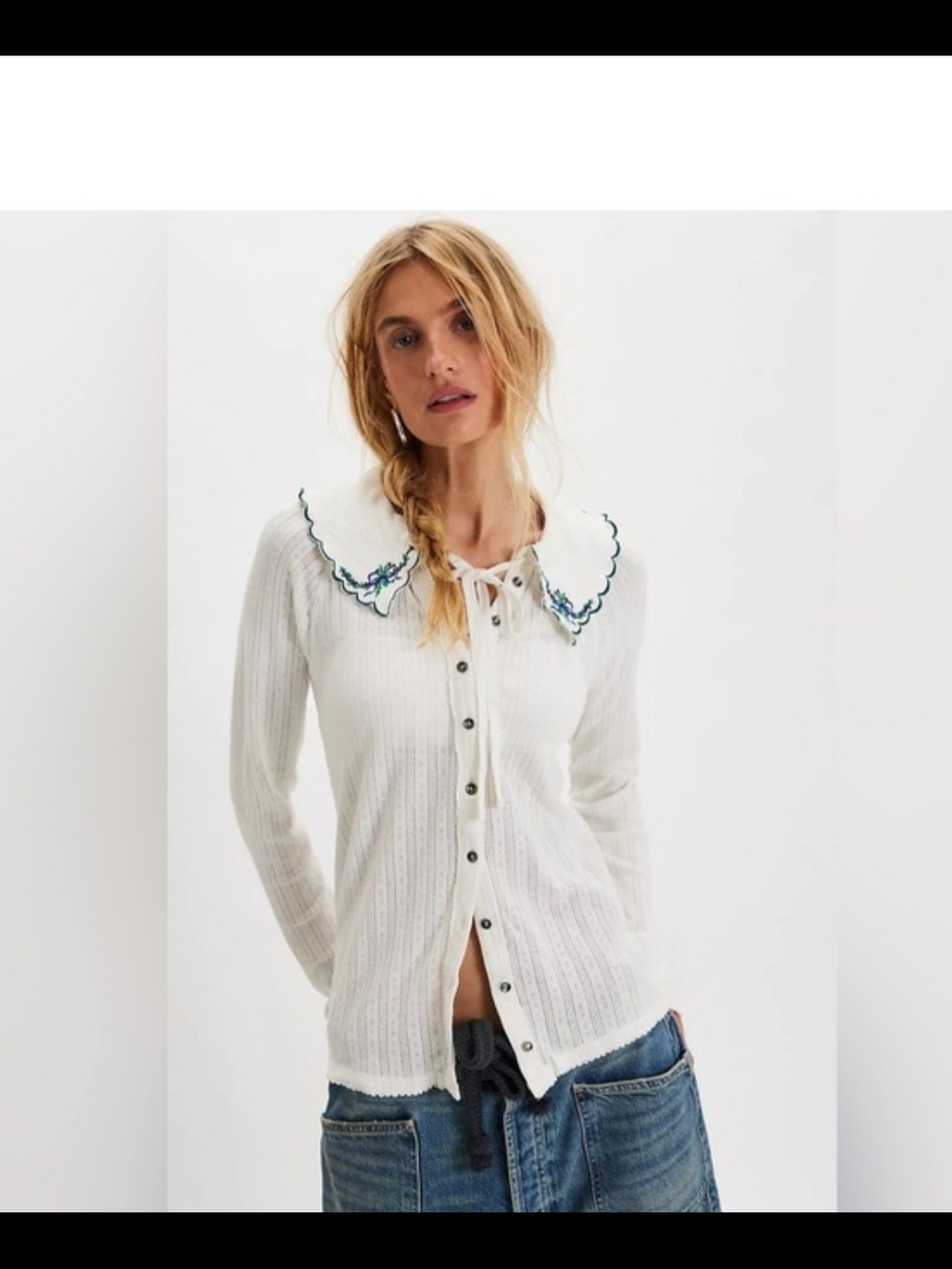 NWTFree People Juniper Long Sleeve Cardi ivory embroidered Peter Pan collar Sz M